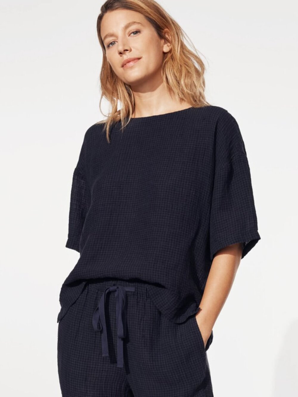 NWT Eileen Fisher INK Puckered Organic Linen Jewel Neck BOX-Top